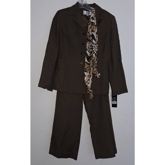 NWT Le Suit Petite Brown 3-Pc Outfit Jacket Pants Scarf 6P Career Retail $200 - Picture 1 of 16